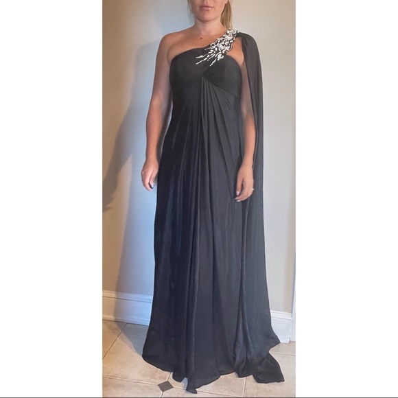 Jovani One Shoulder Gown Black with Overlay - Picture 2 of 6